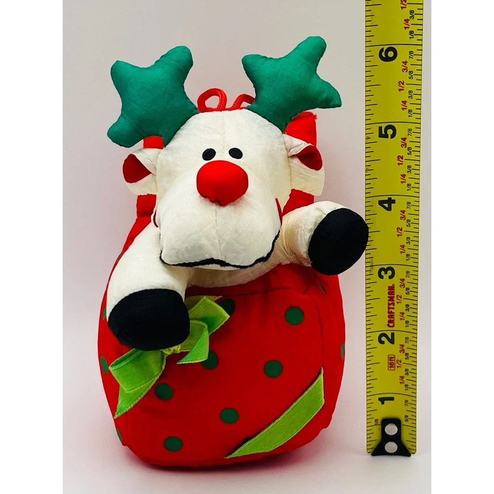 Vintage 1993 Stuffins Reindeer in Gift Box Plush Christmas Decor 6in Red Green